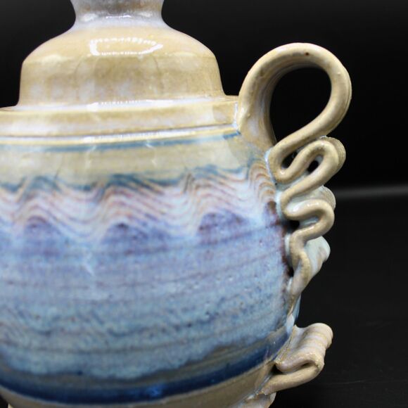 Vintage Studio Art Pottery Vase Handmade Stoneware Ribbon Handle Rustic Decor - Picture 2 of 7